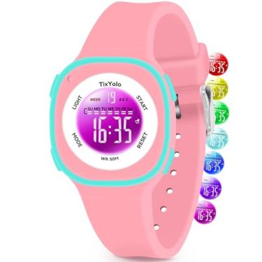 Imagem de TixYolo Relógio digital infantil com 7 luzes coloridas à prova d'água, alarme, cronômetro, pulseira macia, presente para crianças, relógio esportivo para meninos e meninas de 5 a 12 anos, Rosa - L
