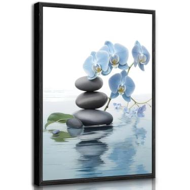 Imagem de Arte de parede em tela zen emoldurada spa pedra e elegante flor de orquídea azul pintura espiritual imagens decoração de parede pôster impressão arte para banheiro, escritório, sala de ioga, sala de