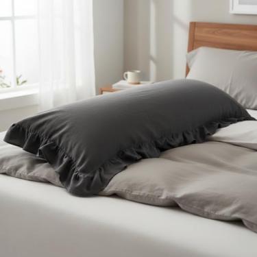 Imagem de Fronha Empire Linen com babados | Tecido de cetim de algodão | Macio e respirável com zíper oculto | Capa decorativa de babados simples | Cinza escuro, 51 x 122 cm