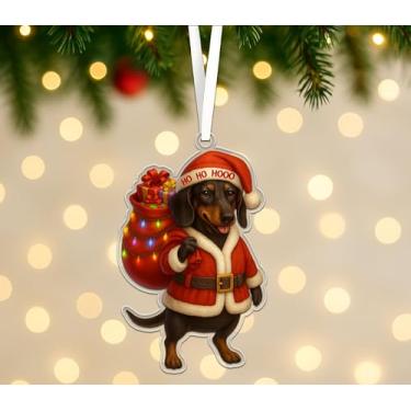 Imagem de Enfeite de acrílico para cães Dachshund - Dachshund fofo de Papai Noel com bolsa de presente e luzes - Decoração de árvore de Natal Ho Ho Hooo - Enfeite de presente para amantes de cães de Natal