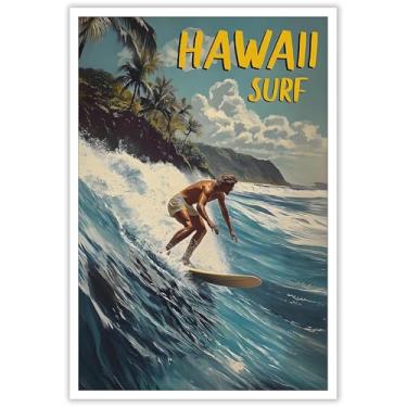Imagem de Arte de parede vintage verão Havaí surfe na moda oceano praia pôsteres natação surf surfistas hobbies pintura para sala de estar quarto decoração de parede 30,5 x 40,6 cm sem moldura