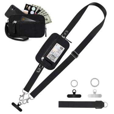 Imagem de Epinuo Alça transversal para celular com carteira preta destacável – artesanato com costura premium, carteira de alça de telefone com janela para identidade, cordão ajustável de pescoço e ombro sem as