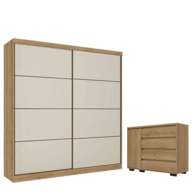 Imagem de Guarda Roupa Casal Malaga 2 Portas Capuccino Off White Acetinado E Cômoda Com Porta Aurora Cappuccino - Thb
