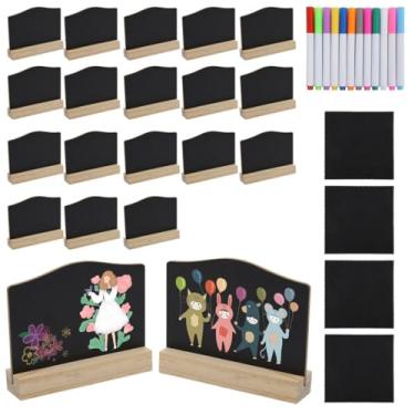 Imagem de LUMINFLY Placas de quadro-negro de mesa com canetas de tinta de água e panos, etiquetas de quadro-negro dupla face com base, 20 peças de placas de madeira para buffet de casamento