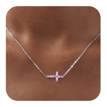 Imagem de Myfresty S925 Colar de cruz de prata para mulheres - Colar com pingente de cruz de zircônia colorida banhada lateralmente, colar pequeno e delicado à prova d'água, presente de fé religiosa, batismo