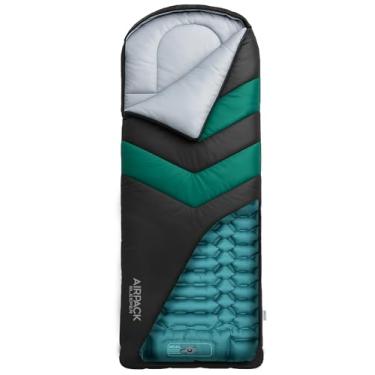Imagem de Rangland Saco de dormir com almofada embutida (Airpack Sleeper) - Almofada de dormir inflável multifuncional e cobertor com zíper para acampamento com bomba de pé embutida (preto/verde) 210 x 80 cm