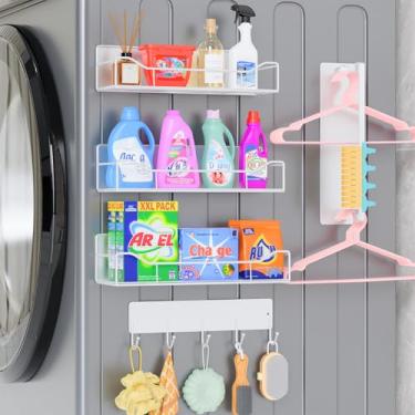 Imagem de JulktLli Pacote com 5 prateleiras magnéticas para máquina de lavar e geladeira – Sistema de organização de lavanderia resistente com ganchos de ferramentas, cestas de armazenamento de metal versáteis