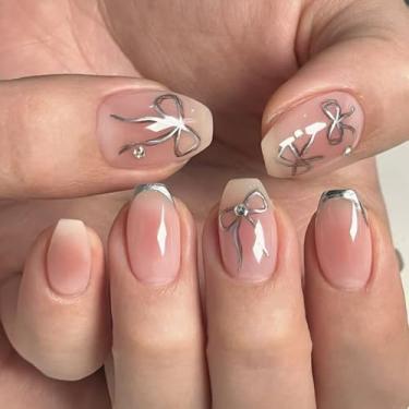 Imagem de Pregos postiços curtos e médios pregos falsos prateados franceses com strass de laço simples Desien cobertura completa cola acrílica falsa em unha para mulheres, 24 peças