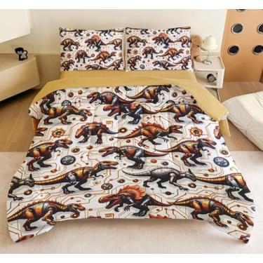 Imagem de Conjunto de edredom casal para meninos – cama de astronauta de dinossauro, cama espacial de 4 peças em uma bolsa com lençóis, tema de galáxia para decoração de quarto de crianças, presente lavável na