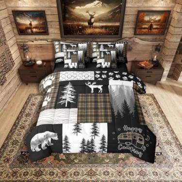 Imagem de Erosebridal Conjunto de cama solteiro rústico com urso, 7 peças, caçando veados, vida selvagem, floresta, acampamento, acampamento, cáqui, preto, búfalo, xadrez, cama em uma bolsa (lençol com elástico
