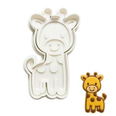 Imagem de Conjunto de cortador de biscoito e carimbo de girafa – Molde de fondant em forma de animal de 10 cm para assar biscoitos, artesanato DIY, argila – Plástico durável com alça fácil de segurar para