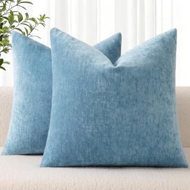 Imagem de decorUhome Conjunto de 2 capas de almofada de chenille cinza azul 66 x 66 cm, capas de almofadas decorativas macias para sofá e sala de estar com detalhes tingidos sólidos para casa de fazenda