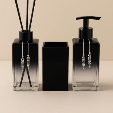 Imagem de Kit Lavabo Banheiro Luxo Square com Difusor, Sabonete Líquido e Porta Escova de Vidro(Preto Degrade C/Válvula Preto)