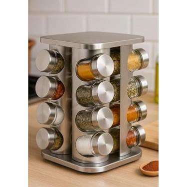 Imagem de Porta Temperos Giratório Inox com 12 Potes de Vidro – Suporte para Condimentos e Especiarias – Organizador de Temperos Cozinha Compacto – Base Giratória 360º – Design Moderno, Vidro ONLD008