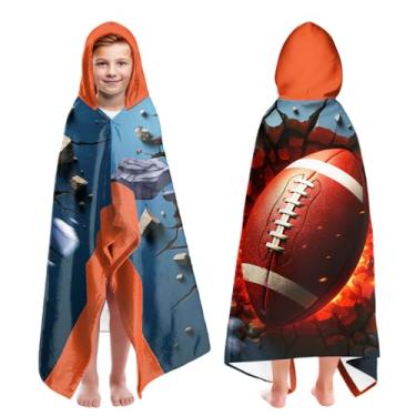 Imagem de Toalhas de praia grandes com capuz para meninos com estampa de rugby para crianças de 7 a 10 anos, toalhas de banho com capuz para crianças adolescentes 89 x 152 cm de secagem rápida preta vermelha