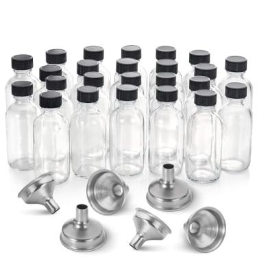 Imagem de Pacote com 24 garrafas pequenas de vidro transparente de 60 ml com tampa e 6 funis de aço inoxidável - garrafas Boston Sample de 60 ml - Mini garrafas essenciais de viagem ou decorativas para poções