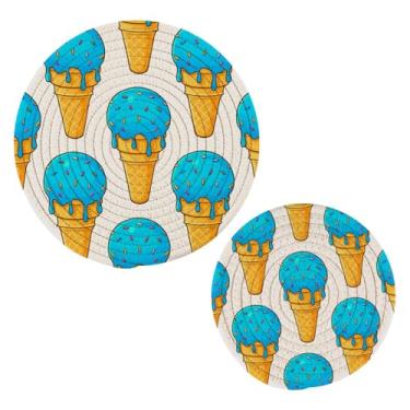 Imagem de Blueangle Pacote com 2 trivets de sorvete azuis para pratos quentes - suportes de panela resistentes ao calor, almofadas quentes trançadas e porta-copos - Tapetes de mesa duráveis para cozinhar, assar