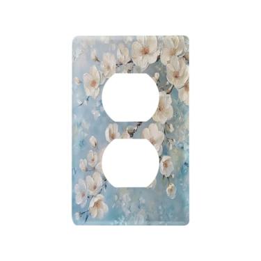 Imagem de Blueangle Placa de parede de tomada dupla branca flores de cerejeira, tamanho padrão, placas de cobertura de tomada elétrica de 1 gangue para decoração de quarto de escritório em casa, 4,53 x 2,76