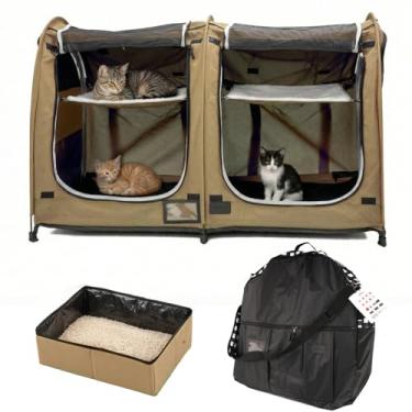 Imagem de porayhut Gaiola portátil com compartimento duplo da Mispace para gatos/condomínios – fácil de dobrar e transportar – caixa de viagem confortável para casa e cachorro com bolsa de transporte portátil/redes/tapetes e caixa de areia