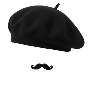 Imagem de Conjunto de boina francesa com bigode para mulheres e homens, fantasia de mímica, cosplay, estilo francês, gorro, Boina preta + bigode, tamanho �nico