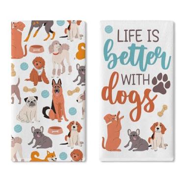 Imagem de Croar Life is Better With Dogs Conjunto de 2 panos de prato de cozinha, pastor alemão, estampa de pata, bola, toalha de mão de secagem óssea, pano de cozimento, decoração de casa de banho engraçada