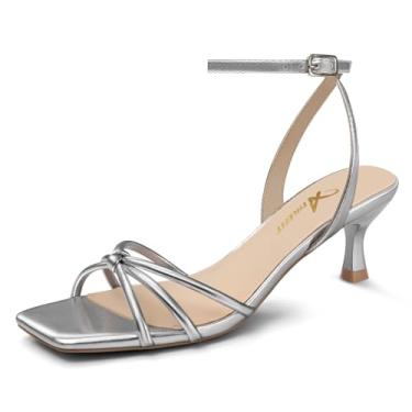 Imagem de Athlefit Sandália feminina de salto alto, bico aberto, com tiras, salto baixo, tira no tornozelo, vestido de festa de verão, Prata, 35