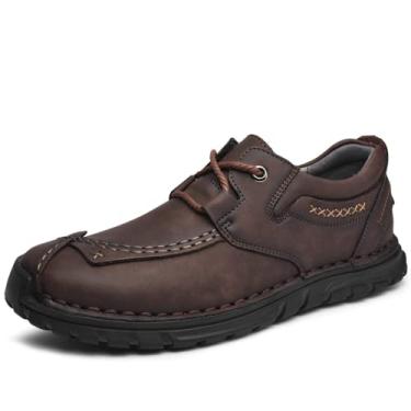 Imagem de Mecolop Tênis masculino casual de couro moderno para dirigir, mocassins, tênis de caminhada para homens, Marrom escuro -197, 43