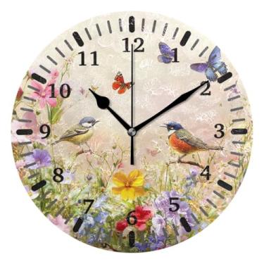 Imagem de CEBUGI Pássaros flores relógio de parede operado por bateria relógios redondos silenciosos sem tique-taque relógios de parede para cozinha, banheiro, quarto, escritório, decoração 25,4 cm