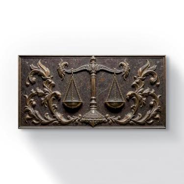 Imagem de quadro decorativo balanca da justiça bronze estilo vintage relevo ornamental 120x60 cm decoracao parede direito advocacia escritório jurídico arte clássica impressão em tela elegante