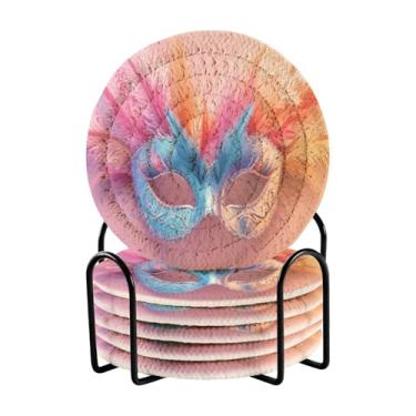 Imagem de Wassud Porta-copos com suporte máscara de carnaval conjunto de porta-copos de tecido absorvente para decoração de casa proteção de mesa 6 peças