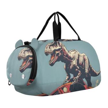 Imagem de CEBUGI Bolsa de viagem para meninas, meninos, dinossauros e caminhões, bolsa de ginástica, bolsa de viagem com compartimento para sapatos, bolsa de fim de semana