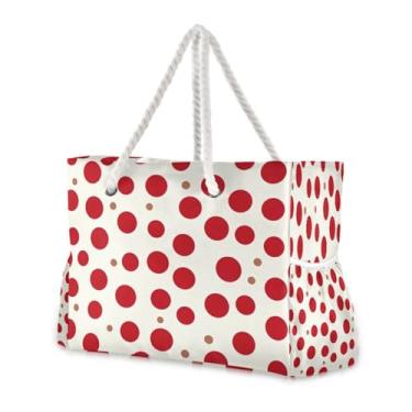 Imagem de Wassud Bolsa de praia grande com bolinhas vermelhas para mulheres, impermeável, à prova de areia, bolsa de viagem com zíper e bolso para piscina, academia, acampamento