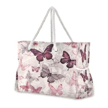 Imagem de Wassud Bolsa de praia borboleta, grande, para mulheres, impermeável, à prova de areia, bolsa de viagem com zíper e bolso para piscina, academia, acampamento