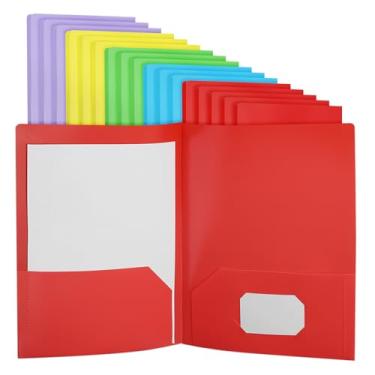 Imagem de PATIKIL 5 pastas de plástico coloridas com bolsos, pacote com 50 pastas de plástico com dois bolsos, tamanho carta resistente para porta-cartões de visita de escritório, 23,5 x 29 cm