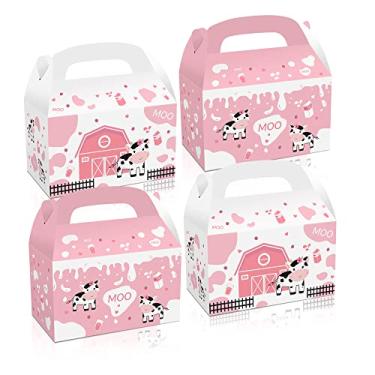 Imagem de Caixa de papel de papelão portátil de vaca rosa para festa de animais de fazenda, animais de fazenda, animais de fazenda, decoração temática de animais de fazenda, caixas de presente para lanches (12