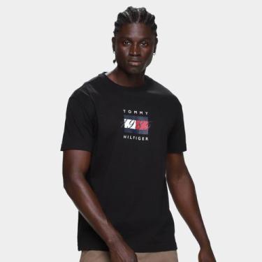 Imagem de Camiseta Tommy Hilfige Linear Flag Graphic Masculina, Preto, P