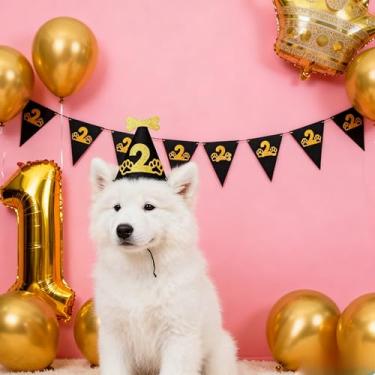 Imagem de Conjunto de decorações de 2 anos de cachorro faixa de feltro pré-amarrada e chapéu de festa de feltro ajustável de 2 mm - Não é necessário faça você mesmo, perfeito para festa de aniversário de 2 anos