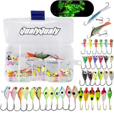 Imagem de QualyQualy Kit de 38 peças de iscas de pesca no gelo para poleiro Walleye Cabeças para equipamentos de pesca no gelo, gabaritos de pesca de peixe panfish, gabaritos de pesca que brilham no gelo escuro