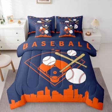 Imagem de Erosebridal Jogo de lençol casal de beisebol esportivo, 7 peças, com silhueta de construção de cidade, softball, azul marinho, para crianças, adolescentes, adultos, homens, softball, azul marinho