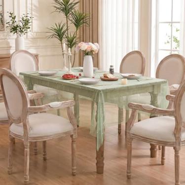 Imagem de Horaldaily Toalha de mesa de gaze verde de grama branca pérola 152 cm retangular, gaze de renda de tule primavera verão capa de mesa de chá de noiva para decoração de mesa de aniversário de casamento