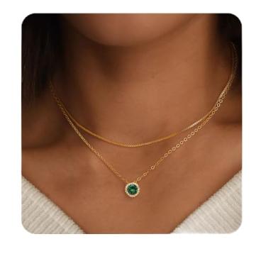 Imagem de Colar feminino banhado a ouro 14 K, vermelho, azul, verde, diamante, esmeralda, corrente ajustável em camadas delicadas, com pedra de nascimento de 12 meses, joias modernas, presentes de aniversário