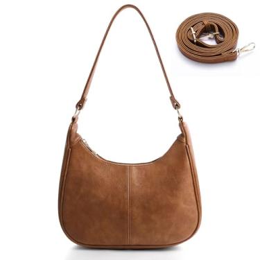 Imagem de Bolsas Hobo para mulheres – Bolsa transversal de couro macio com fecho de zíper e alça ajustável, Amarelo-marrom