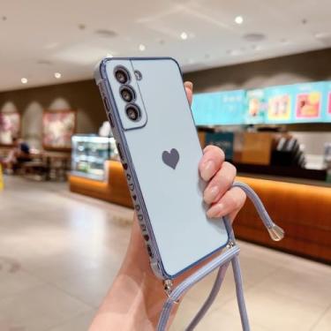 Imagem de Capa de telefone com alça crossbody para Samsung Galaxy S22 S23 S24 Ultra S21 S20 FE A53 A52 A13 A54 5G chapeamento coração cordão capa, azul claro, para S21 FE