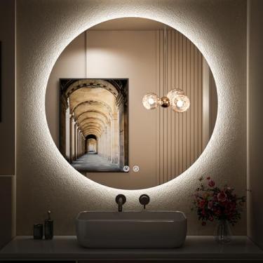 Imagem de FTOTI Espelho redondo retroiluminado em LED de 32 polegadas para penteadeira, espelho redondo de 6000K montado na parede com luzes, espelho redondo com iluminação regulável para banheiro com anti-neblina, interruptor de toque e CRI 90+