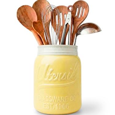 Imagem de Pote de vidro de boca larga, organizador de utensílios de cozinha, cerâmica resistente a lascas, pode ser lavado na lava-louças - suporte de cozinha, tamanho grande 17,78 cm de altura - amarelo