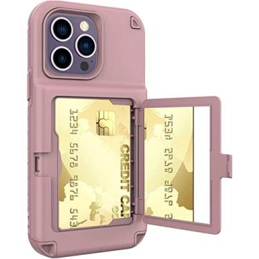 Imagem de KAPPDE Capa para iPhone 14/14 Plus/14 Pro/14 Pro Max, capa amortecedora premium com suporte de cartão espelho embutido resistente a impactos capa protetora de corpo inteiro (cor: rosa, tamanho: 14 Pro Max 6,7 polegadas)