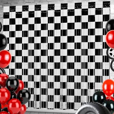 Imagem de Decorações de festa de aniversário, adereços de cabine de fotos, decorações de pano de fundo, preto e branco com franjas quadriculadas para decoração de festa temática de carro de corrida
