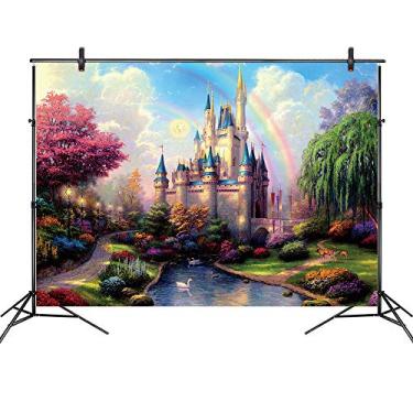 Imagem de Cenário de castelo de princesa para fotografia, conto de fadas, céu azul e nuvens brancas, crianças, meninas, faixa de festa de aniversário, chá de bebê, sessão de fotos, adereços 3 x 2,4 m