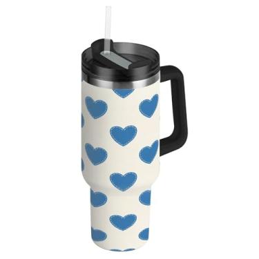 Imagem de ATTX Copo de coração azul de 1,134 g com alça, copo de aço inoxidável a vácuo de parede dupla com palha, caneca de café de viagem isolada #563