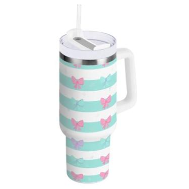 Imagem de SEHANY Lindo copo de laço azul de 1,134 g com alça, copo isolado de aço inoxidável a vácuo de parede dupla, à prova de vazamento, caneca de café isolada para viagem cabe no suporte de copo de carro